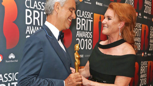 The Duchess of York presenting Andrea Bocelli with the Classic BRIT Icon Award