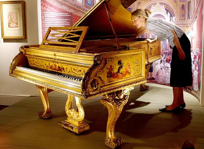 Queen Elizabeth II’s 1854 grand piano, made for Queen Victoria by Erard of London, at Buckingham Palace in London.