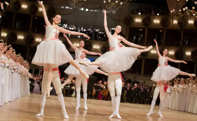 Dancers of the Vienna State Opera Ballet perform during the opening ceremony of the the Vienna Opera Ball on February 8, 2018, in Vienna.