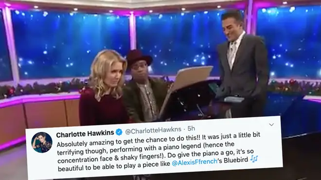 Charlotte Hawkins performs a duet with pianist Alexis Ffrench on Good Morning Britain