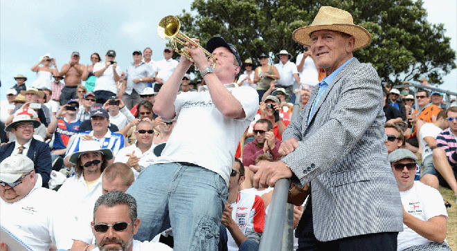 Barmy Army trumpeter Billy Cooper heard by Geoffrey Boycott during a New Zealand and England test match
