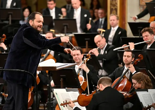 Andris Nelsons conducts the Vienna Philharmonic Orchestra during a New Year concert in Vienna, Austria