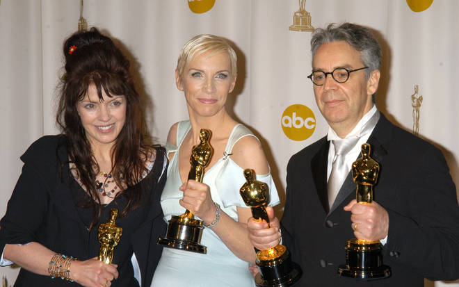 Fran Walsh, Annie Lennox and Howard Shore pick up the Oscar for Best Original Song for ‘Into the West’ at the 76th Annual Academy Awards