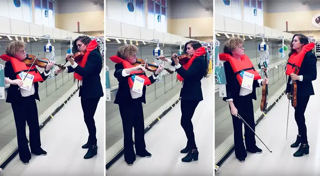 Violinists serenade shoppers in empty toilet paper aisle with ‘Titanic’ hymn