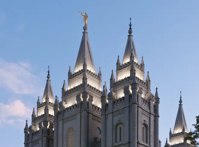 The angel statue on the temple lost its trumpet following the earthquake in Utah