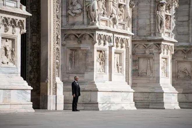 Andrea Bocelli outside the Duomo cathedral