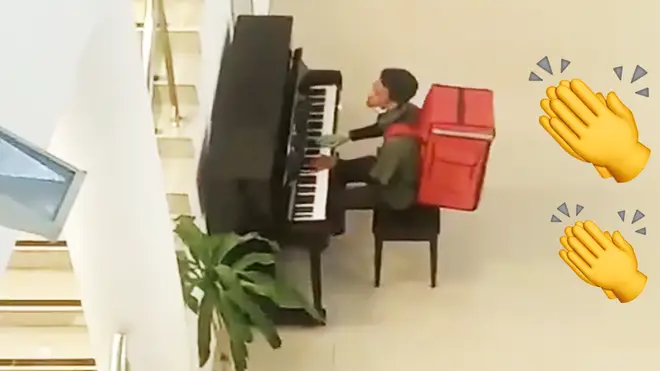 Food delivery cyclist impresses locals with piano skills