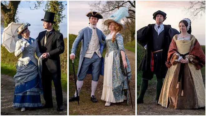Couple go on daily walks in historical costumes to cheer up quarantined neighbours