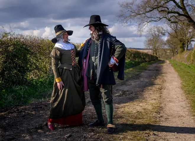 Izabela and husband Lucas Pitcher go on walks in period costume