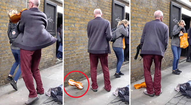 Dancing violinist’s instrument smashes on ground after pedestrian knocks it with her head
