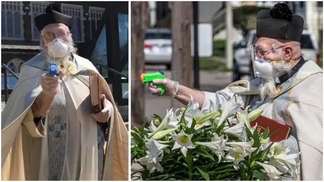 Priest uses squirt gun to bless worshippers