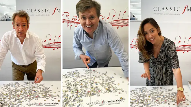 Classic FM presenters Alexander Armstrong, Myleene Klass and Aled Jones have a go at the lmited edition jigsaw puzzle celebrating 25 years of the Classic FM Hall of Fame.