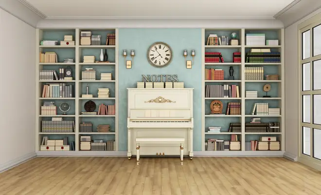 Piano and bookcase
