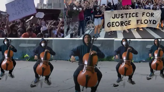 New York cellist Yves Dharamraj has performs a five-part version of aria ‘Dido’s Lament’ to protest against police violence