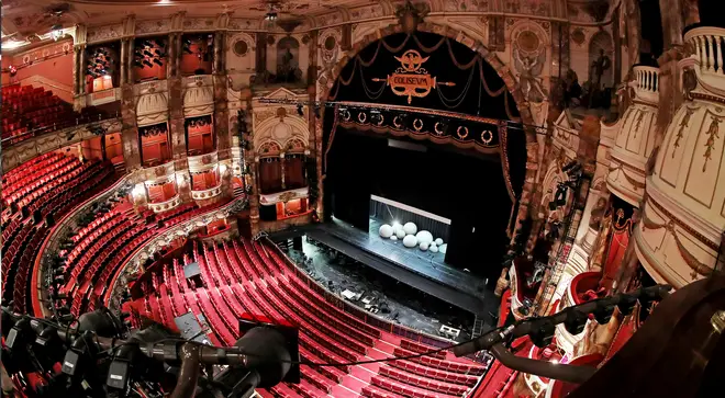 A deserted Coliseum Theatre in London’s West End theatre district