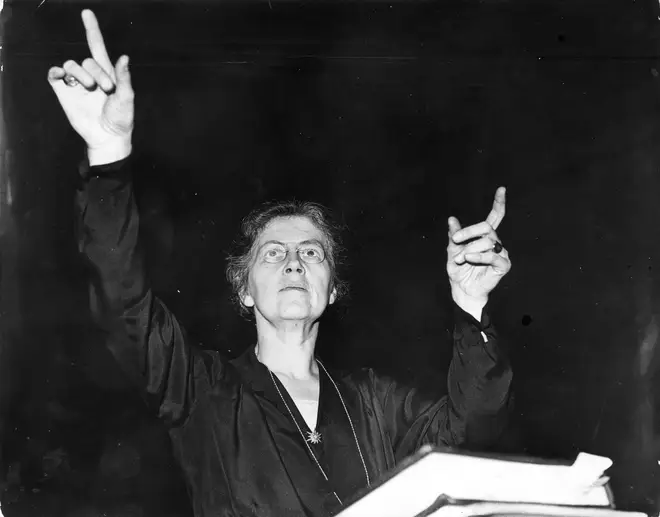 Nadia Boulanger conducting the orchestra of the Royal Philharmonic Society during a rehearsal at Queen’s Hall in London