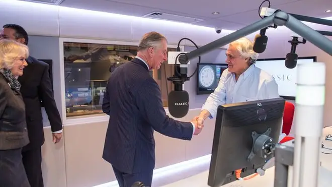 HRH The Prince of Wales and HRH The Duchess of Cornwall meet presenter John Suchet in the Classic FM studio.