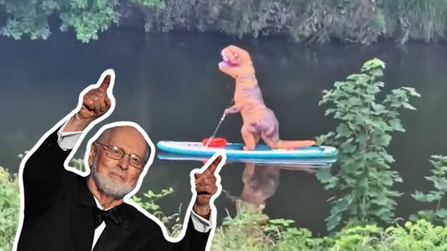 Two T-Rexes paddle along a river to the Jurassic Park theme