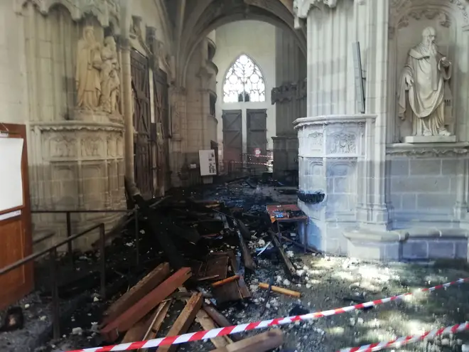 The remains of the burnt organ at the Saint-Pierre-et-Saint-Paul cathedral in Nantes