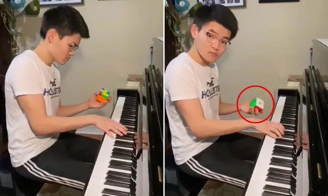 Pianist solves a Rubik's Cube while playing the piano