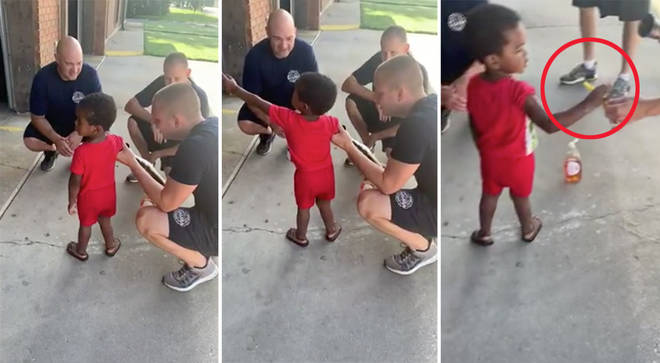 Cute 2-year-old boy drops his recorder in a vase, gets arm stuck, is rescued by firefighters