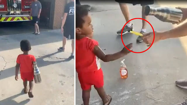 Cute 2-year-old boy drops his recorder in a vase, gets arm stuck, is rescued by firefighters