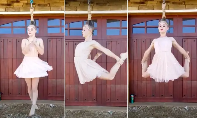 Ballet dancer spins in mid-air suspended by her hair