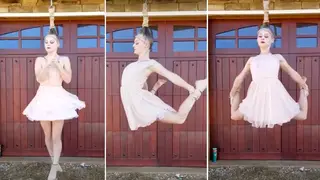 Ballet dancer spins in mid-air suspended by her hair