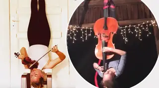 These musicians are playing their instruments while upside down