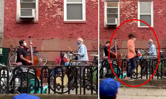 Boy on pogo stick adds percussion to a jazz trio’s street performance