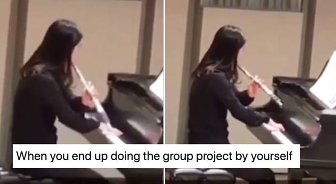 Musician plays flute and piano at the same time when accompanist doesn’t show up