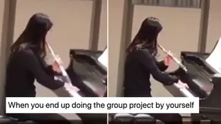 Musician plays flute and piano at the same time when accompanist doesn’t show up