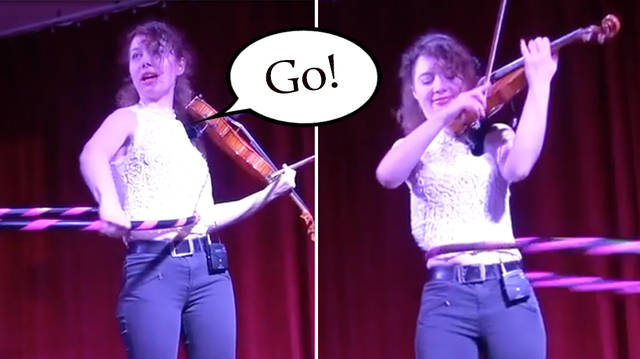 Violinist plays Paganini while hula-hooping
