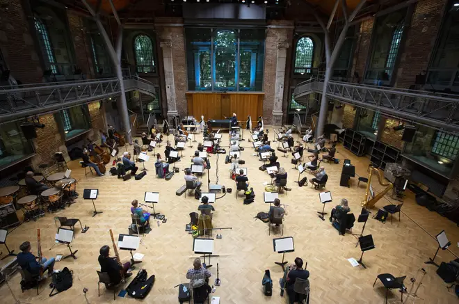 London Symphony Orchestra takes part in a socially-distanced rehearsal amid the coronavirus pandemic.