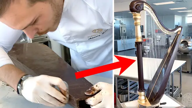 Patissier makes a chocolate harp