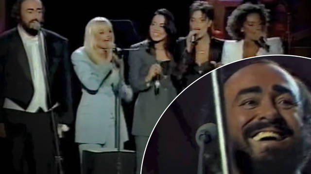 Pavarotti performs with the Spice Girls in 1998 Pavarotti & Friends concert