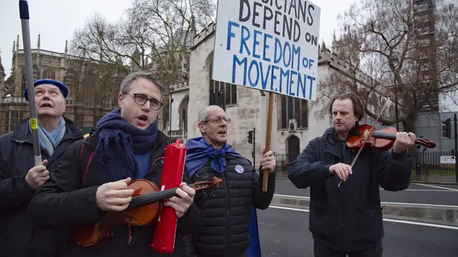 Pro-Remain musicians gather at the Houses of Parliament ahead of the UK leaving the European Union on ‘Brexit Day’ on 31 December 2020.