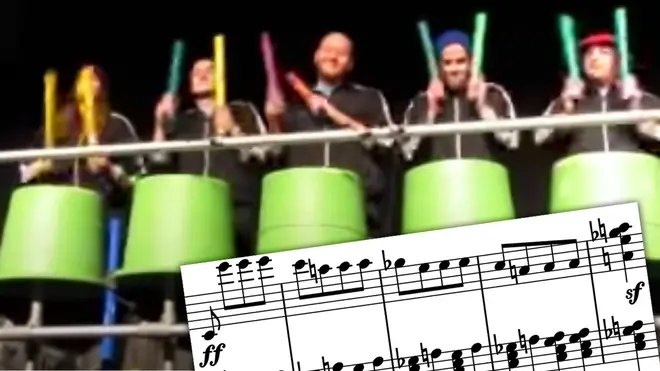 Beethoven’s Fifth Symphony, but it’s played by Boomwhackers on giant plastic drums