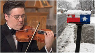 Aaron Boyd protects 17th-century violin by hugging it during Texas freeze