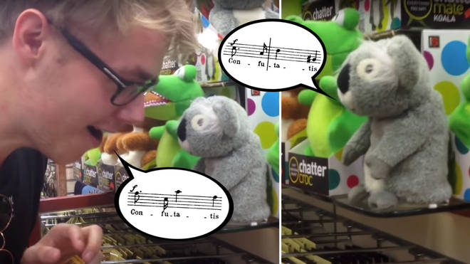Choral singer duets with talking koala toy