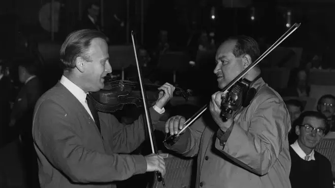 David Oistrakh and Yehudi Menuhin perform together at the Hall