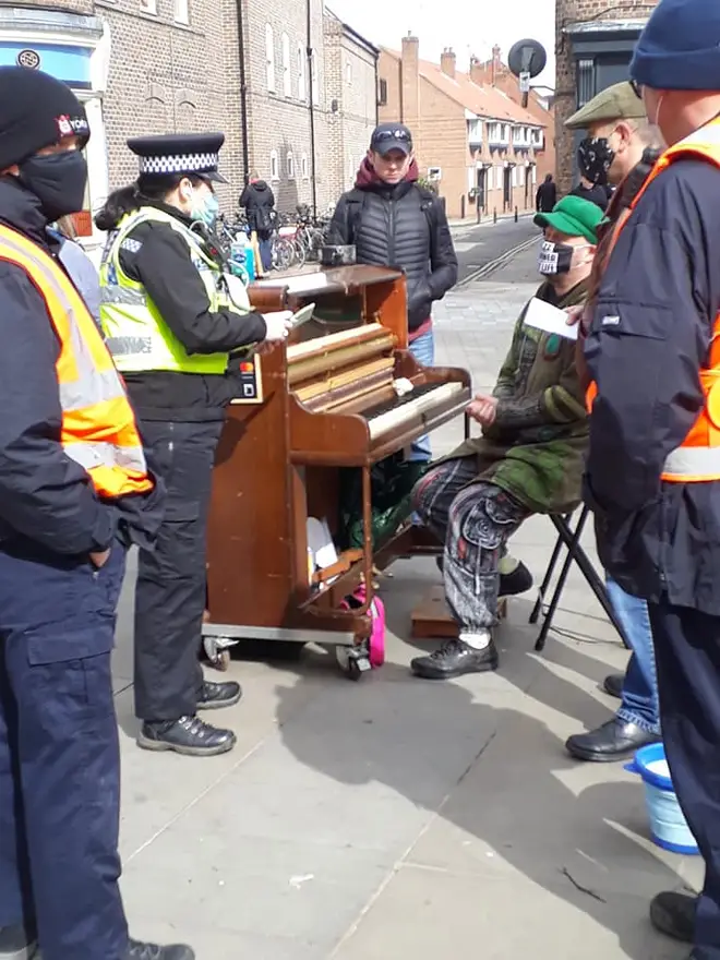 A busker was fined £200 by police for breaching coronavirus regulations by “causing a crowd” when he performed in York.