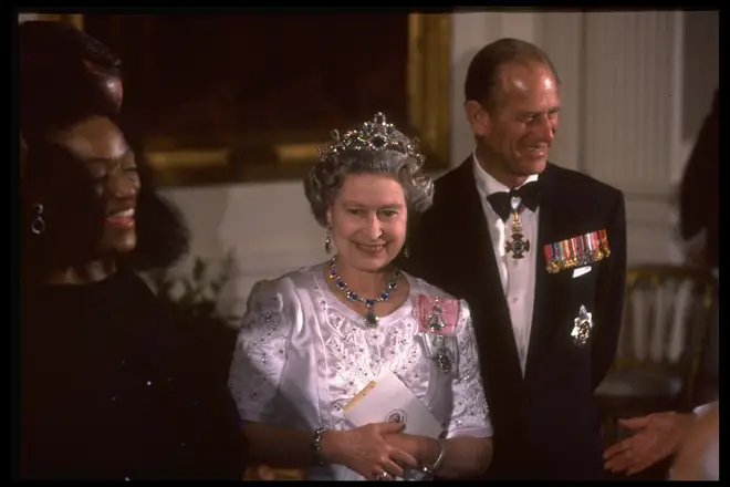 1991: Queen Elizabeth II and the Duke of Edinburgh at WH State Dinner with opera singer Jessye Norman