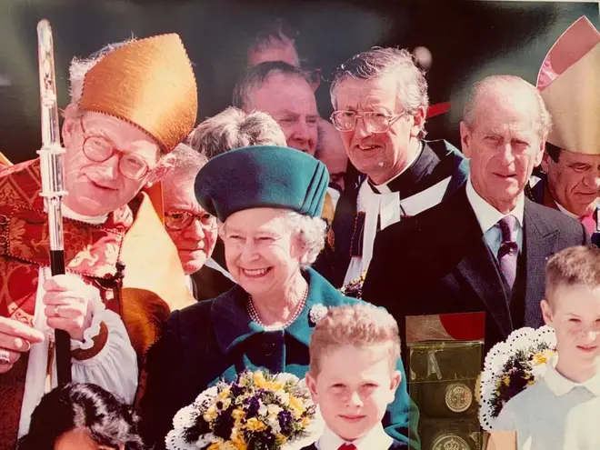Rt Rev Dr Kenneth Stevenson, Bishop of Portsmouth with Her Majesty The Queen and The Duke of Edinburgh during a 1998 visit