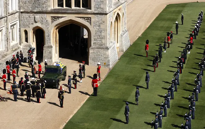 Band of the Grenadier Guards play Walch’s Funeral March outside Windsor Castle for the Duke of Edinburgh’s funeral