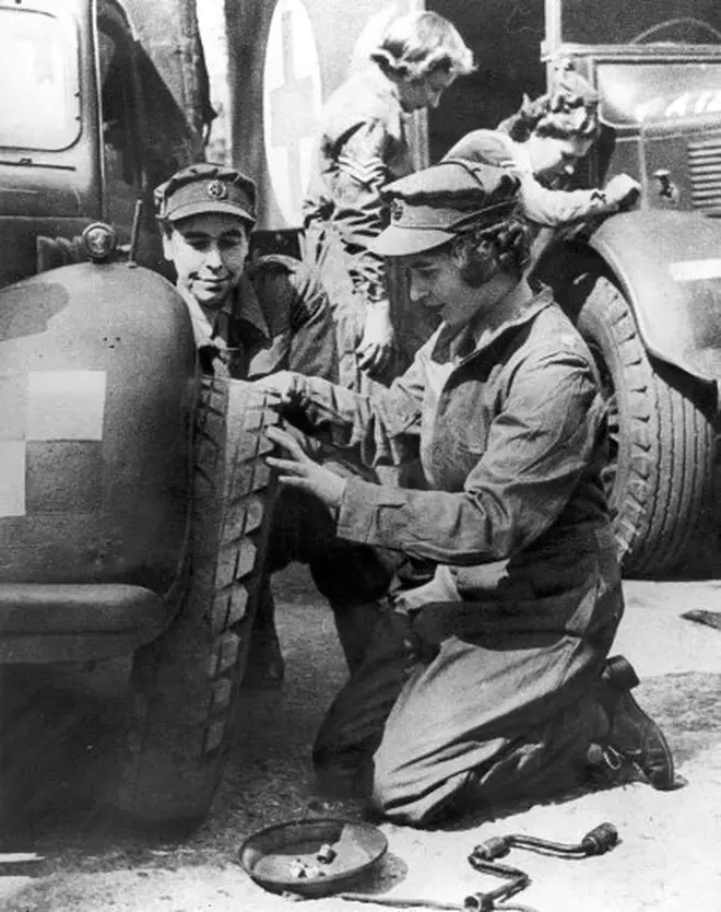 Princess Elizabeth trains as a mechanic as part of the British Army’s Auxiliary Territorial Service during World War II