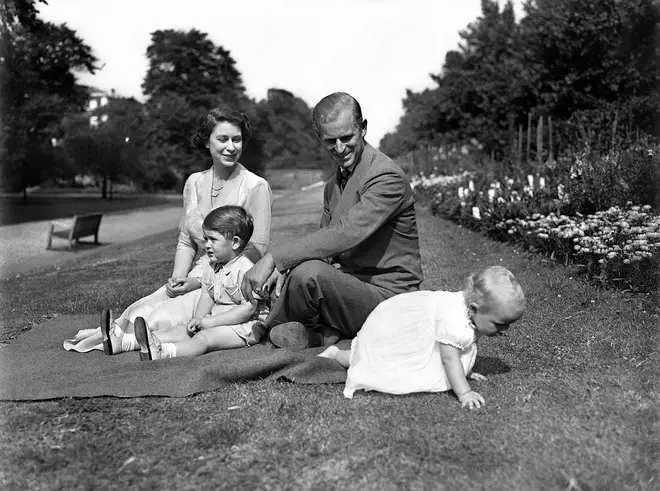 Princess Elizabeth and Prince Philip with their two children, Prince Charles and Princess Anne