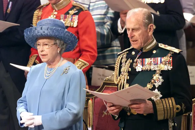 The Queen and Prince Philip sing hymns during a service to mark her Golden Jubilee at St. Paul's Cathedral