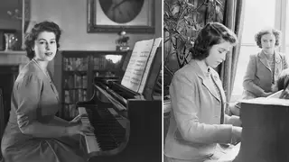 Princess Elizabeth playing the piano in Buckingham Palace, 1946.