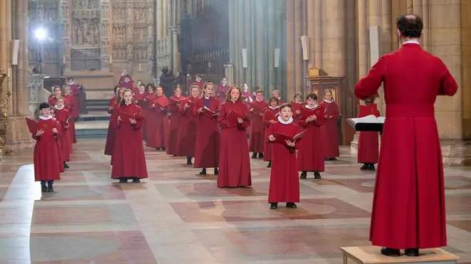 Truro Cathedral Choristers during filming for Sing2G7, conducted by Christopher Gray